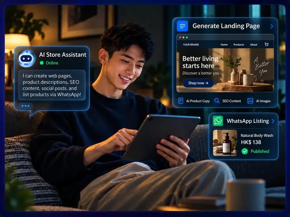 Shopage AI store assistant demonstration: generating a landing page, product descriptions, SEO content and images, and listing products through WhatsApp.